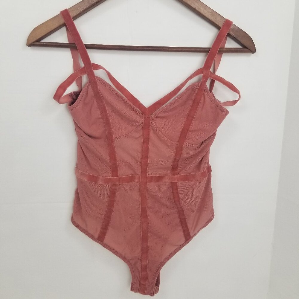 NEW Luxxel Sheer Bodysuit Sz M Pink Mauve Strappy Mesh Velvet Sexy
